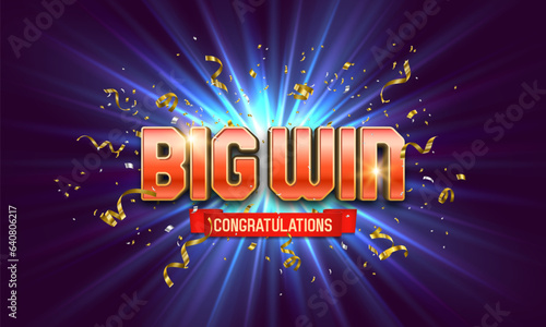 Shining sign Big Win with confetti on bright background. Vector illustration.