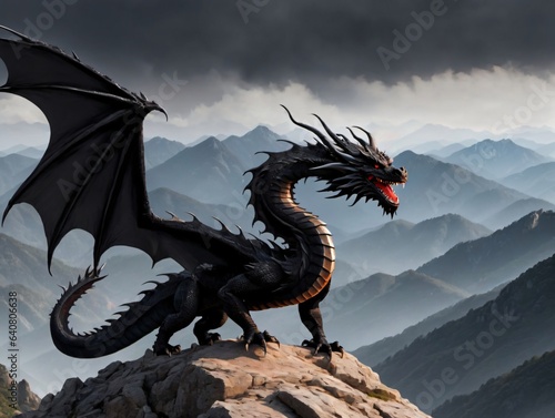 A Black Dragon Statue Sitting On Top Of A Mountain © Pixel Matrix