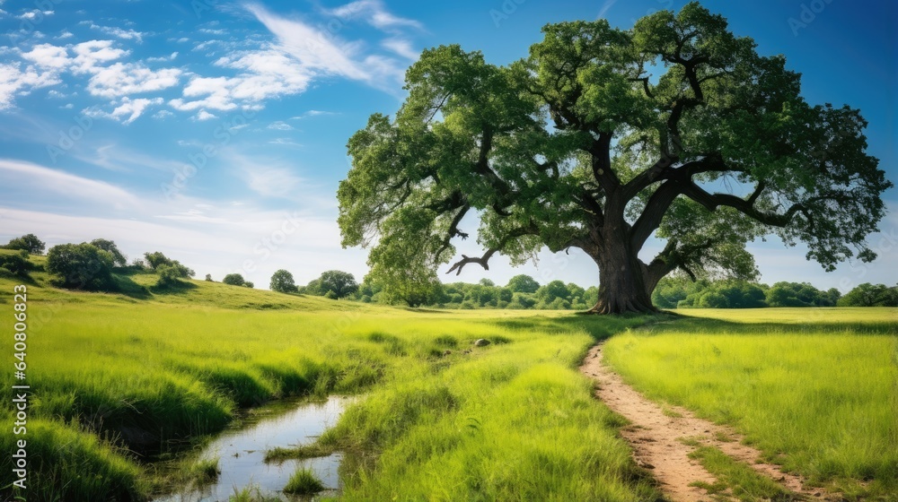 Meadow at summertime and an old, big oak standing in the middle Meadow at summertime and an old, big oak standing in the middle