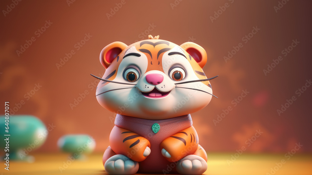3d cute baby tiger character on blurred pastel background