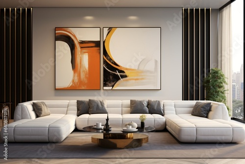 A premium and luxurious living room or lobby interior design with elegant home decor and wall decor photo