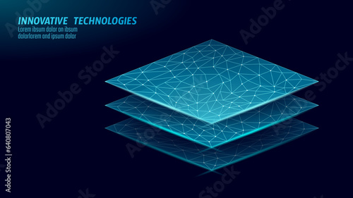 Low poly model of modern multilayered fabric technology. Dark blue wire mesh futuristic digital sport textile properties vector illustration