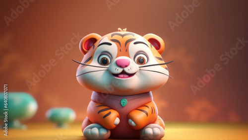 3d cute baby tiger character on blurred pastel background