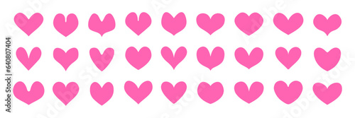 Pink hearts set. Cute abstract symbols of love, symmetric heart collection. Valentines day clip art, romantic stickers, trendy design element. Vector illustration isolated on transparent background