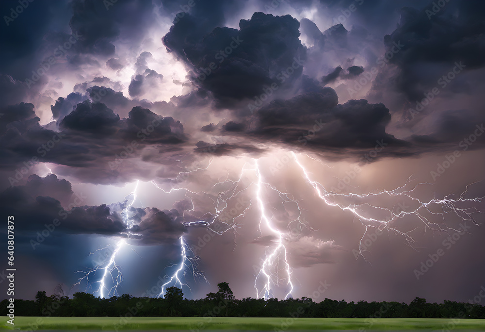 Powerful Captivating Lightning and Thunder Visuals, Striking Visuals and Thunder Imagery. Nature's Light Show Stunning Lightning, Unforgettable Thunder. Catching Nature's Fury. Generative AI