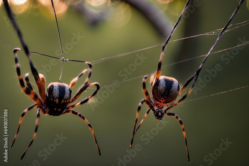 A Couple Of Brown And Black Spider Sitting On Top Of A Web