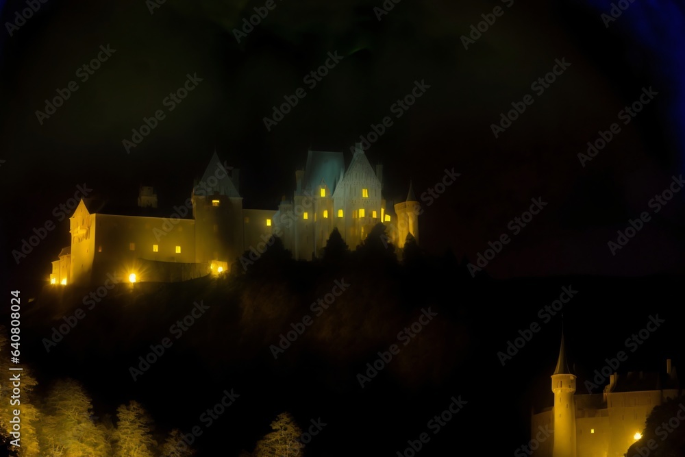 A Castle Lit Up At Night In The Dark