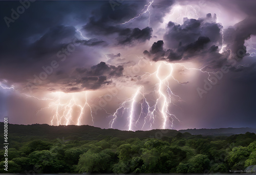 Powerful Captivating Lightning and Thunder Visuals, Striking Visuals and Thunder Imagery. Nature's Light Show Stunning Lightning, Unforgettable Thunder. Catching Nature's Fury. Generative AI