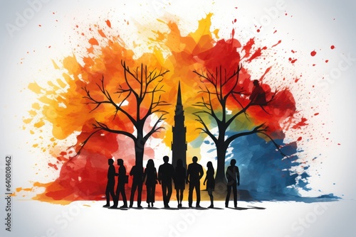 Abstract watercolor painting with silhouettes of a symbolic city with people silhouettes in black, red and gold colors. Concept for the Day of German Unity.