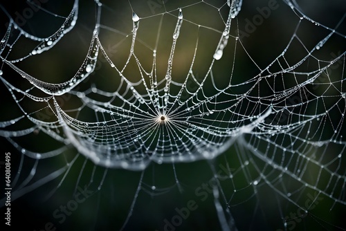 A close-up of a delicate spider's web glistening with morning dew. 