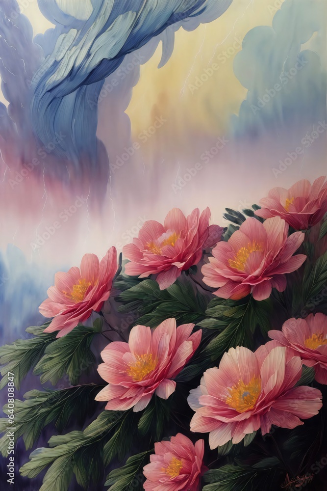 A Painting Of A Bunch Of Pink Flowers