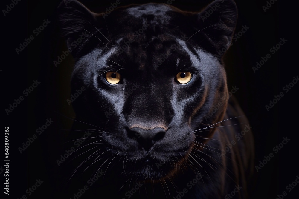 Portrait of a beautiful black panther on a black background. Black cougar
