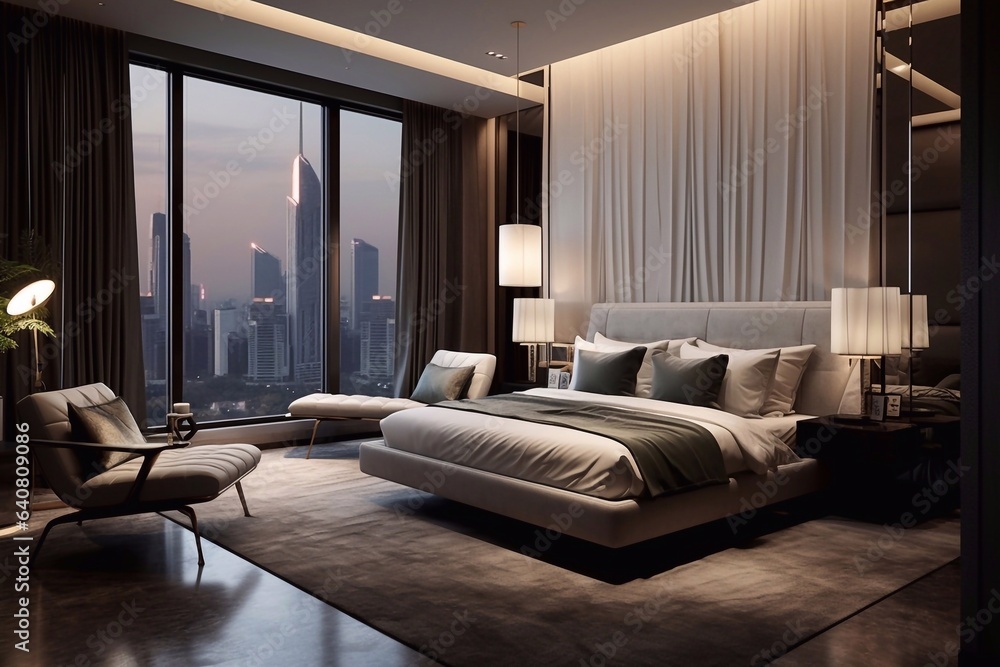 Luxury bedroom interior design with a panoramic window overlooking the city. 3D Rendering