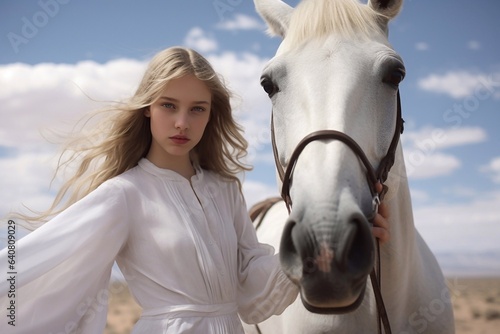 A beautiful girl in a white dress with a white horse in the desert