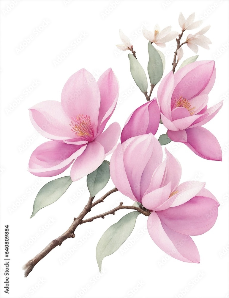 Obraz premium pink magnolia flowers isolated on white background watercolour, wedding invitation assets
