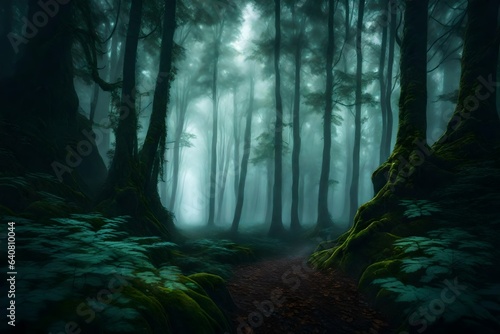 A dense  fog-covered forest shrouded in an air of mystery. 