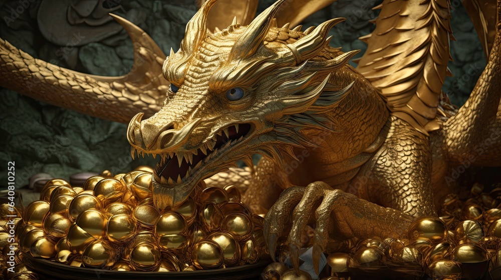 Fototapeta premium Dragon Protecting Gold, Generative AI Illustration