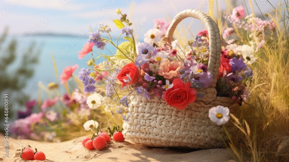 A basket filled with flowers sitting on top of a sandy beach