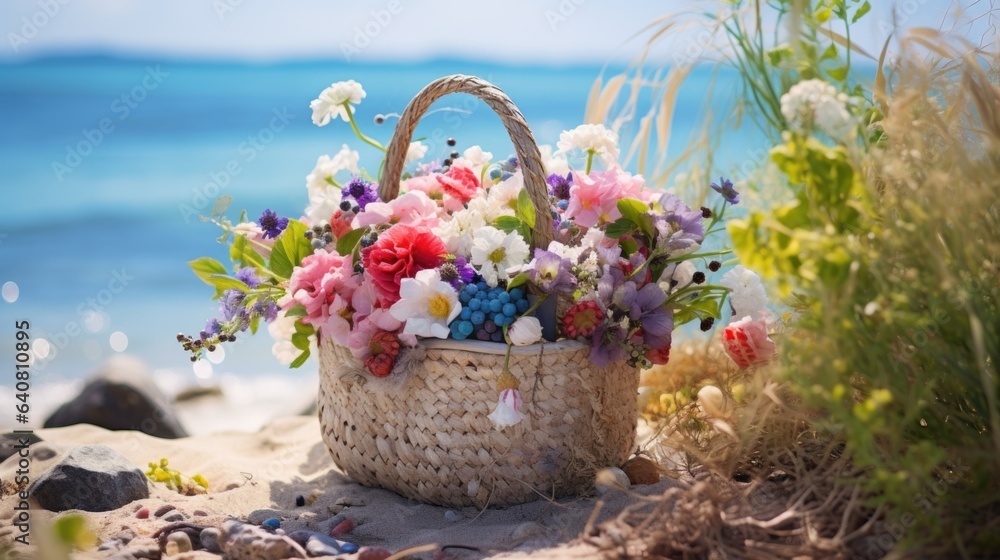 A basket filled with flowers sitting on top of a sandy beach