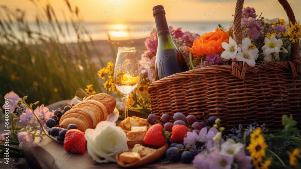 A picnic basket filled with food and a glass of wine
