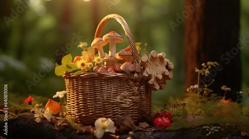A wicker basket with mushrooms and leaves