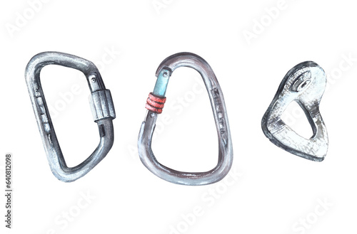 Metal sport grey climbing carabiner set. Isolated on a white background with. Hand drawn illustration Boulder equipments. Element details for design of stickers, brochures, posters, cards, print, logo