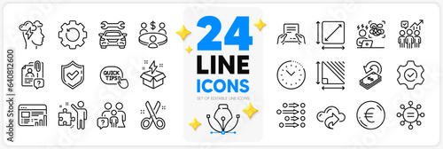 Icons set of Square area, Ethics and Car line icons pack for app with Creative idea, Euro money, Difficult stress thin outline icon. Receive file, Web report, Strategy pictogram. Vector