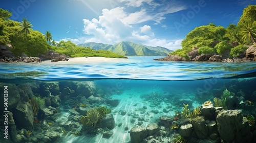  an underwater scene of a tropical island with a sandy beach. generative ai