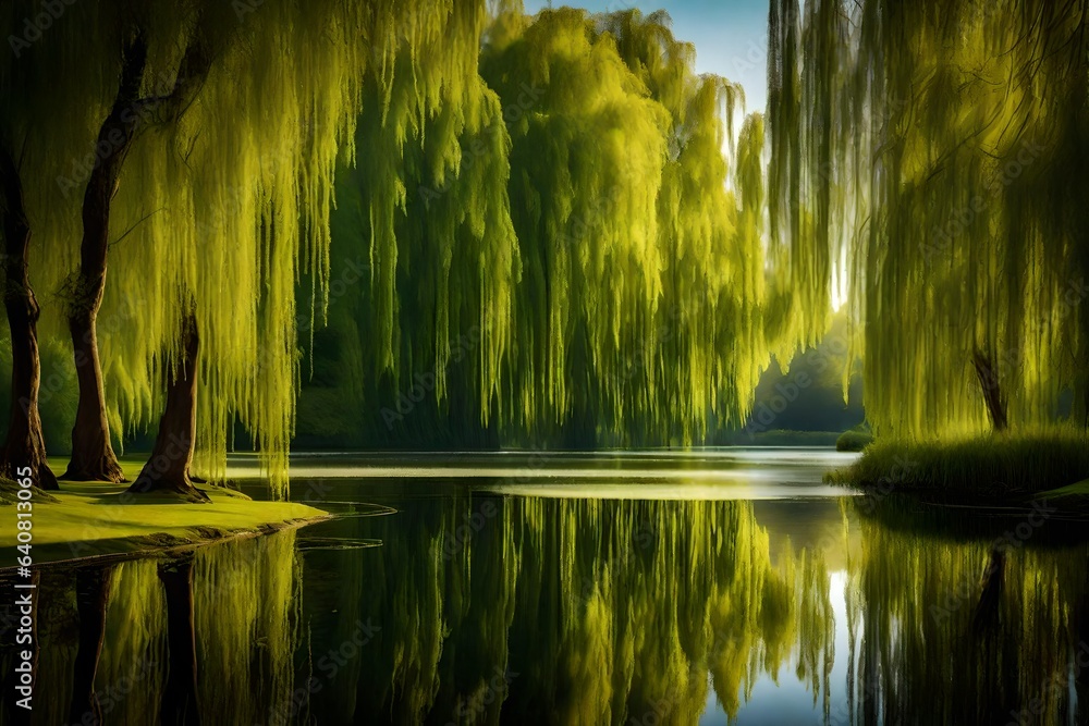 A serene pond surrounded by weeping willow trees and their cascading ...