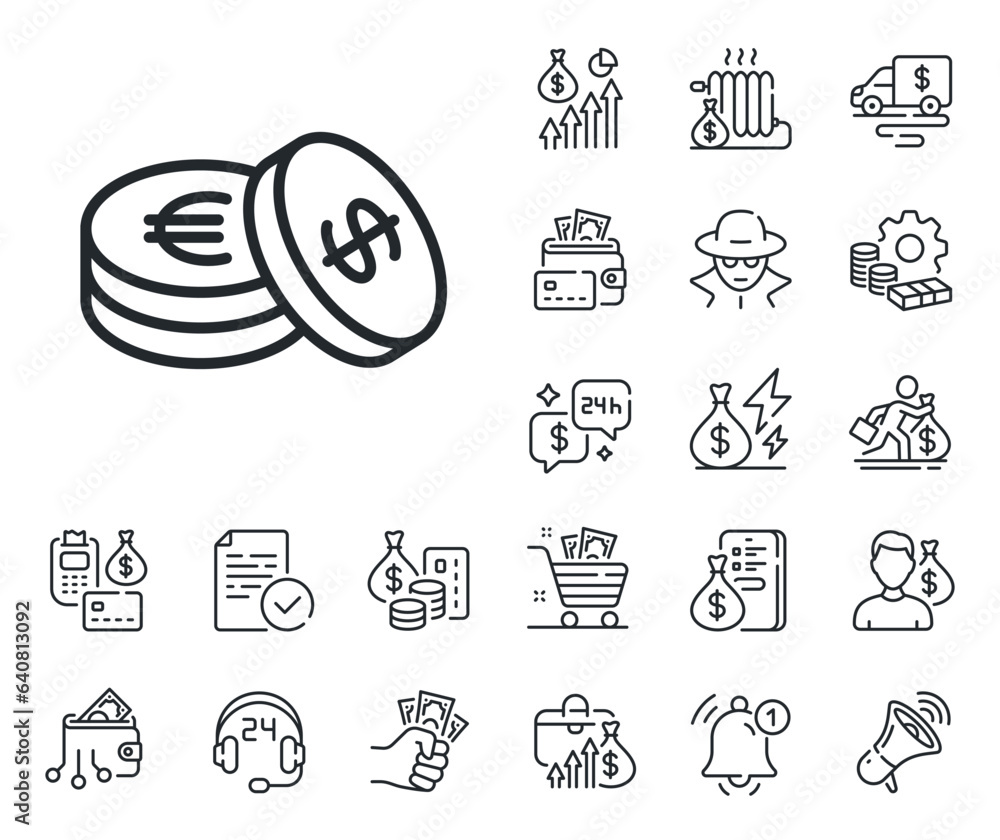 Banking currency sign. Cash money, loan and mortgage outline icons. Coins money line icon. Euro and Dollar Cash symbols. Savings line sign. Credit card, crypto wallet icon. Vector Banking currency sign. Cash money, loan and mortgage outline icons. Coins money line icon. Euro and Dollar Cash symbols. Savings line sign. Credit card, crypto wallet icon. Vector