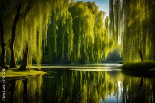 Print op canvas A serene pond surrounded by weeping willow trees and their cascading branches