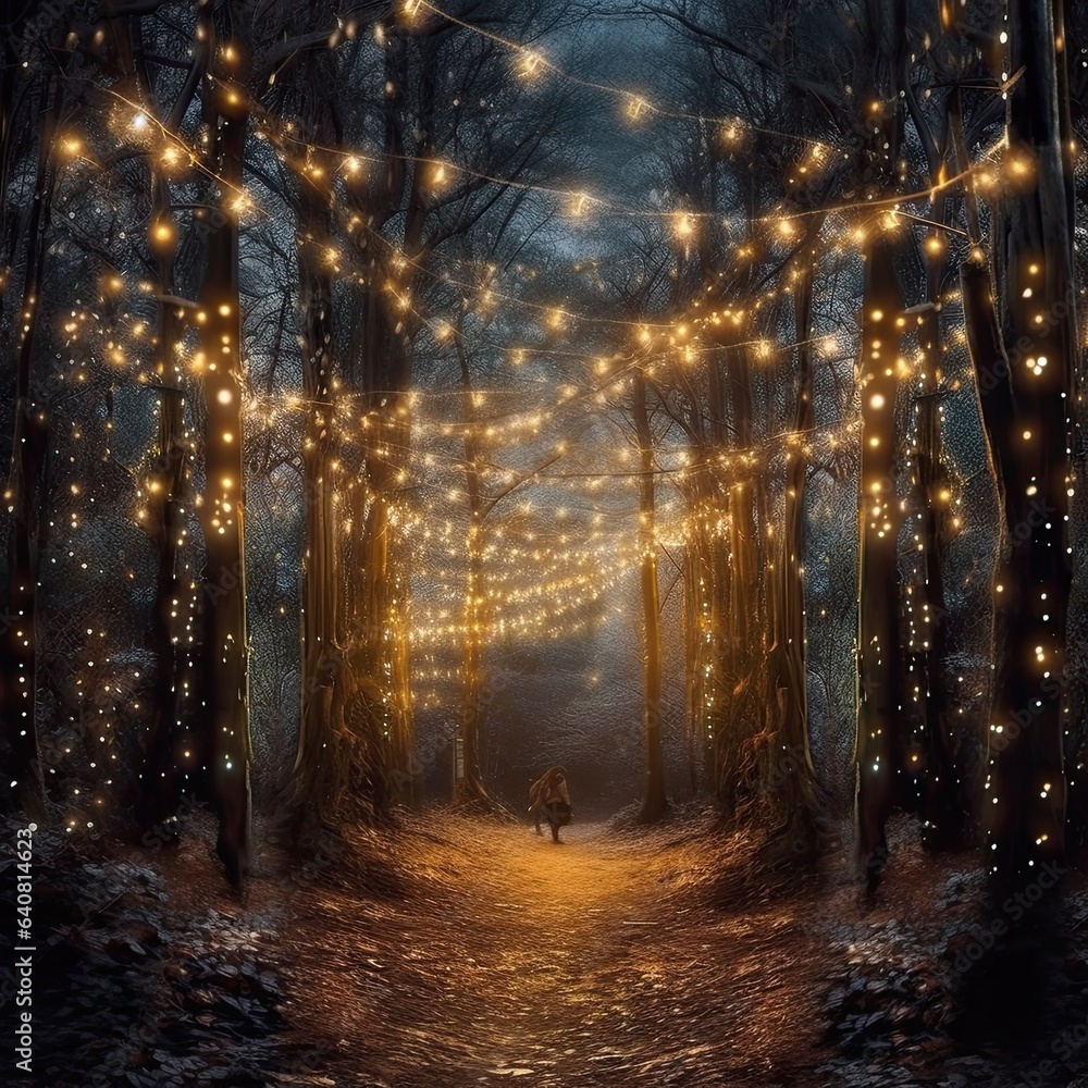 Fototapeta premium Fairy Lights in the Forest, Generative AI Illustration