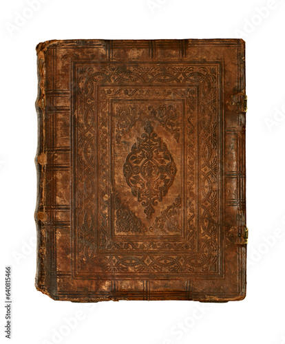 Old leather bound book. Isolated on white