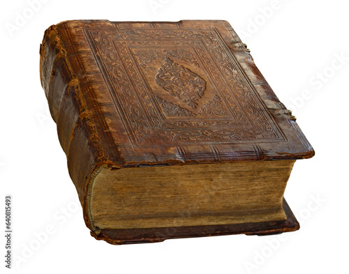 Old leather bound book. Isolated on white