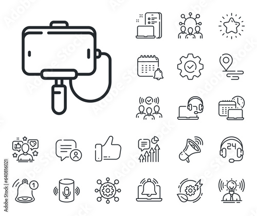 Phone portrait photo sign. Place location, technology and smart speaker outline icons. Selfie stick line icon. Mobile accessories symbol. Selfie stick line sign. Vector