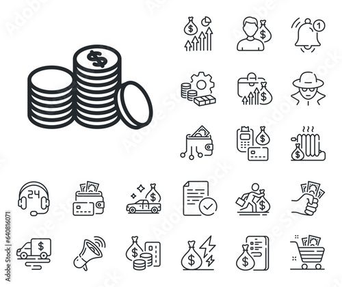 Banking currency sign. Cash money, loan and mortgage outline icons. Coins money line icon. Cash symbol. Banking money line sign. Credit card, crypto wallet icon. Inflation, job salary. Vector