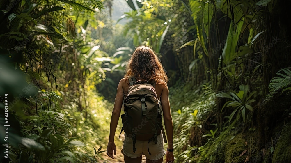 Female hiker, full body, view from behind, walking throuh the rainforest Female hiker, full body, view from behind, walking throuh the rainforest
