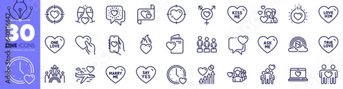 Marry me, Heart and Friendship line icons pack. Love, Kiss me, Dating web icon. Wedding glasses, True love, Heart target pictogram. Couple, Valentine target, Friends chat. Genders. Vector