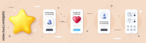 Socks, Swipe up and Share call line icons pack. Phone screen mockup with 3d bell, star and placeholder. Internet warning, Survey results, Timer web icon. Question button, Insomnia pictogram. Vector