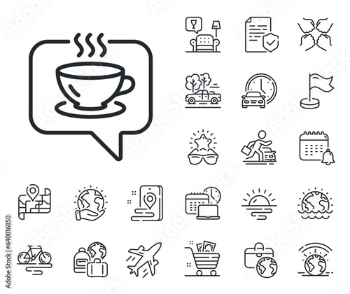 Tea drink sign. Plane jet, travel map and baggage claim outline icons. Hot coffee line icon. Cafe symbol. Coffee line sign. Car rental, taxi transport icon. Place location. Airport lounge. Vector