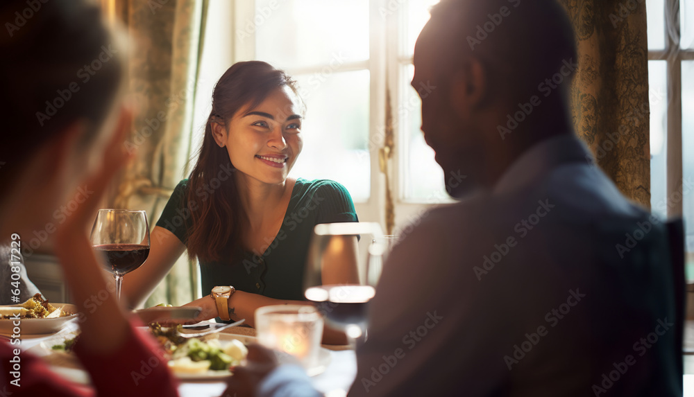 A candid moment captures a group of friends engrossed in conversation at a fine dining restaurant. The focus is on a young woman, elegantly dressed, her smile lighting up the table. A candid moment captures a group of friends engrossed in conversation at a fine dining restaurant. The focus is on a young woman, elegantly dressed, her smile lighting up the table.
