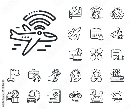 Aircraft wi-fi sign. Plane jet, travel map and baggage claim outline icons. Airplane wifi line icon. Inflight internet symbol. Airplane wifi line sign. Car rental, taxi transport icon. Vector