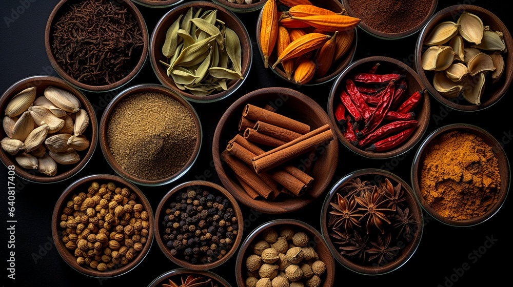 Spices On Wooden Table Shot From Above