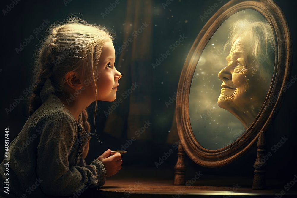 A curious little girl gazing at her reflection in a man's face in a mirror created with Generative AI technology
