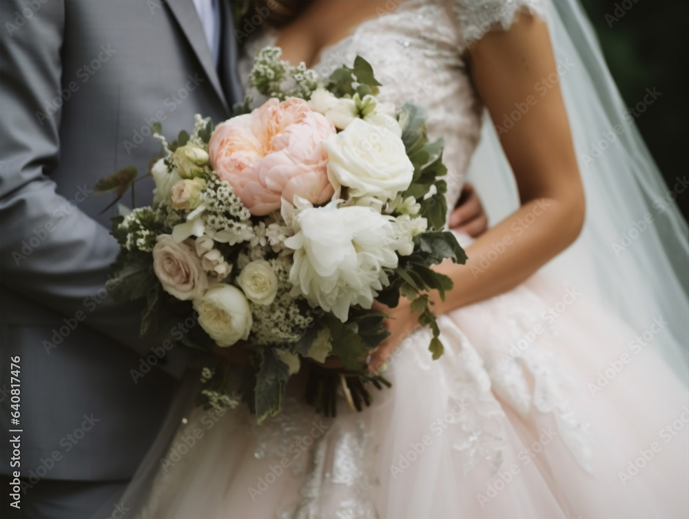 Closeup of White and Pink Wedding bouquet of flowers  Held by Bride