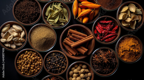 Spices On Wooden Table Shot From Above