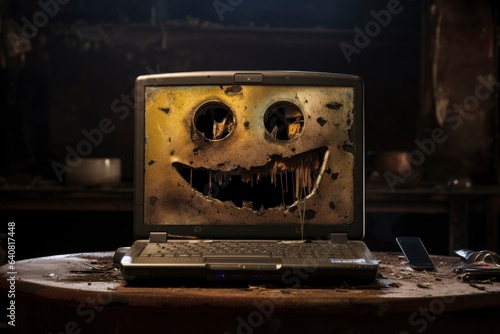 A laptop computer with a creepy face on it created with Generative AI technology