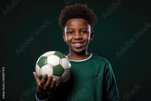 Afro-american boy holding football ball with his hands photo