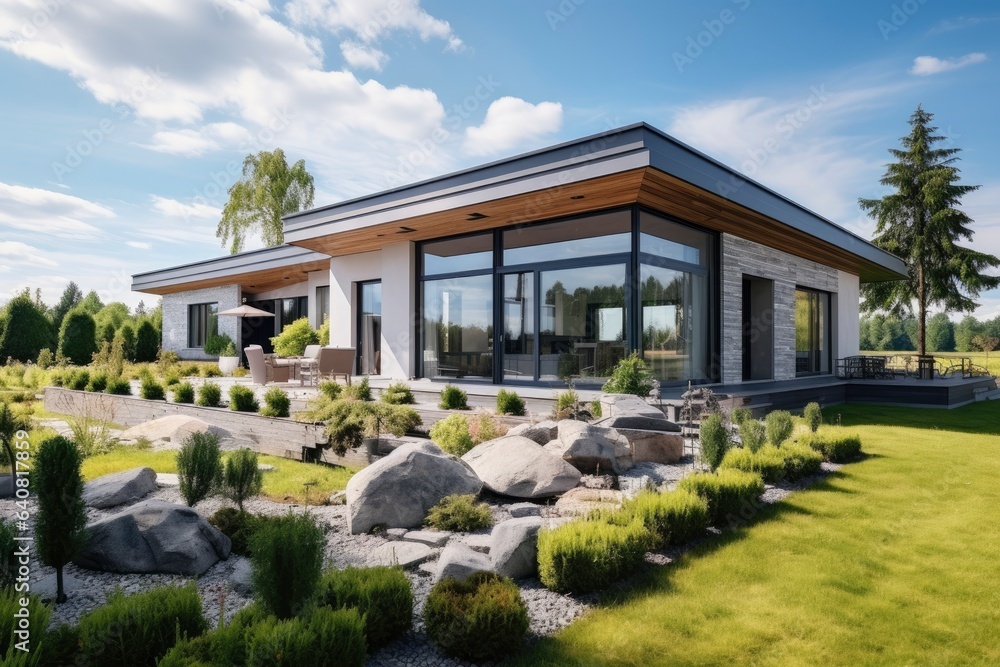 A contemporary house with a spacious lawn and natural rock landscaping created with Generative AI technology