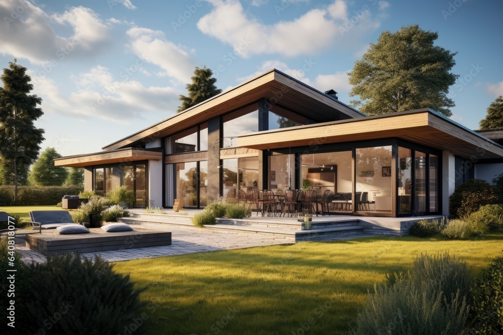 A house with a spacious patio and a cozy covered area for outdoor relaxation created with Generative AI technology A house with a spacious patio and a cozy covered area for outdoor relaxation created with Generative AI technology